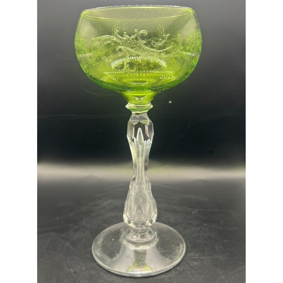 Antique Villeroy & Boch Hock Wine Glass Floral Scrollwork Green Clear Cut Stem - Picture 10 of 15